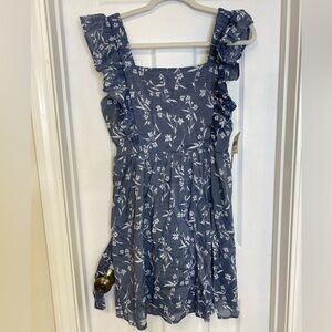 Denim floral mini dress ruffle sleeves size Medium NWT